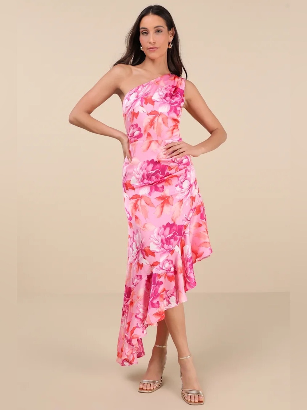 NWT Lulus Divinely Blooming Pink Multi Floral One-Shoulder Midi Dress Large